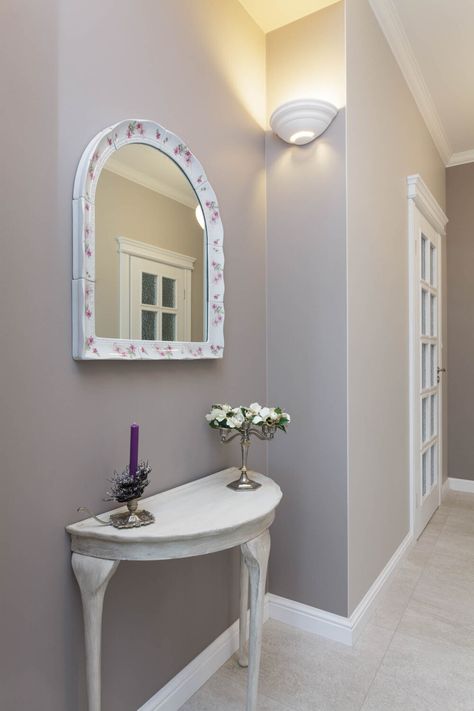 A hallway painted in purple gray paint Purple Grey Paint Color, Purple Gray Paint, Hallway Refresh, 2023 Paint Color Trends, Hall Paint Colors, Grey Purple Paint, Hallway Wall Colors, Hallway Paint Colors, Paint Color Trends