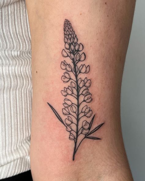 Lupine flower for Kate’s first! Always such an honour to work with someone for their first tattoo - thank you for your trust 🖤 . #torontotattoo #femaletattooartist #floraltattoo #cutetattoo #finelinetattoo Lantana Tattoo, Lupine Flowers Tattoo, Wolfsbane Tattoo, Maine Tattoo Ideas, Lupin Tattoo, Lupines Flowers, Lupine Tattoo, Lupin Flower, Maine Flowers