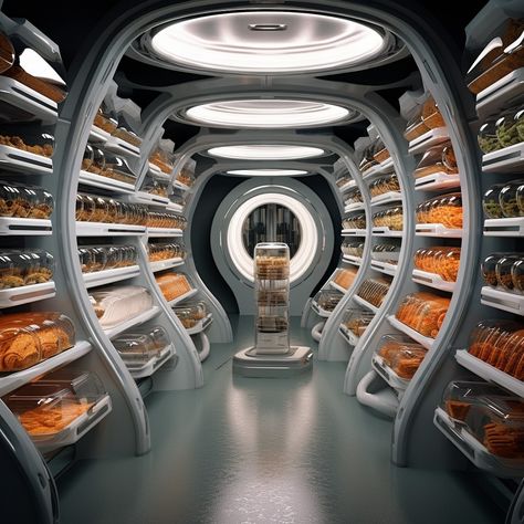 Futuristic Grocery Store, Futuristic Bunker, Futuristic Food, Warehouse Interior, Scifi Interior, Future Technology Concept, Scottish Homes, Spaceship Interior, Farm Plans