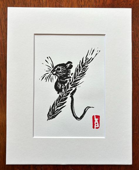 "An original linocut print of a field mouse on a stalk of barley. This print comes mounted in an 8x10\" mat with cardboard backing and protective plastic sleeve. Colours may be customized upon request. Completed print will be signed and numbered in the negative space at the bottom." Field Mouse Drawing, Mouse Linocut, Woodland Linocut, Linocut Animals, Linocut Prints Art, Linocut Stamps, Lino Print Pattern, Negative Space Art, Pyrography Patterns