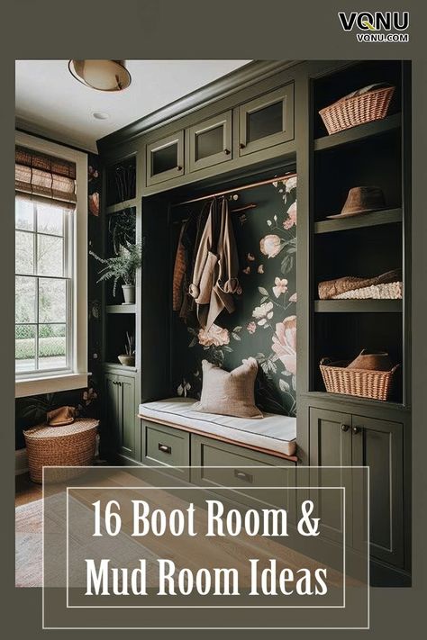 Inspiring boot room with green cabinetry, floral wallpaper, cozy bench seating, and smart storage solutions for a stylish and functional entryway. Mud Drop Zone, Custom Hall Tree Entryway, Mud Room Ideas Small Entryway, Best Mud Room Ideas, Mudroom Decorating Ideas Entrance, Mudroom Ideas Entryway Cabinets, Cabinets In Entryway, Mudroom Boot Storage, Diy Mudroom Shoe Storage Ideas