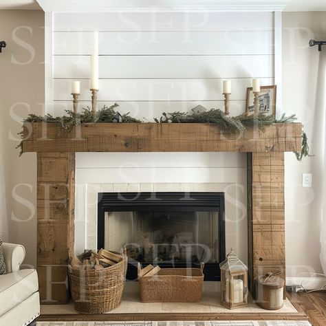 Rustic Farmhouse Fireplace Mantel Mockup 340 - Etsy Wooden Fireplace Wall, Rustic Fireplace Wall, White Fireplace With Wood Mantle And Tv, Farmhouse Bedroom With Fireplace, Farmhouse Chic Fireplace, Wooden Beam Fireplace, Stone Shiplap Fireplace, Hearth Ideas For Fireplace, Fireplace With Benches On Each Side