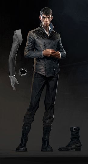 Dishonored 2 Concept Art // “Just as we brought our expertise to the new characters in Dishonored 2, we also did a pass on the returning figures like the Outsider. Here you can see the silhouette is now more balanced, and some details have been slightly redesigned.” Dishonored 2, Model Sheet, Dishonored, Call Of Cthulhu, Concept Art Character, Game Concept Art, Game Concept, Conceptual Design, Elder Scrolls