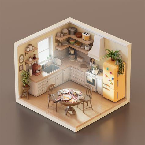 ArtStation - Isometric Kitchen Isometric Kitchen, Anime Houses, Basic Design Principles, Kitchen Scene, 3d Living Room, Room Box Miniatures, Isometric Drawing, Sunroom Decorating, House Floor Design