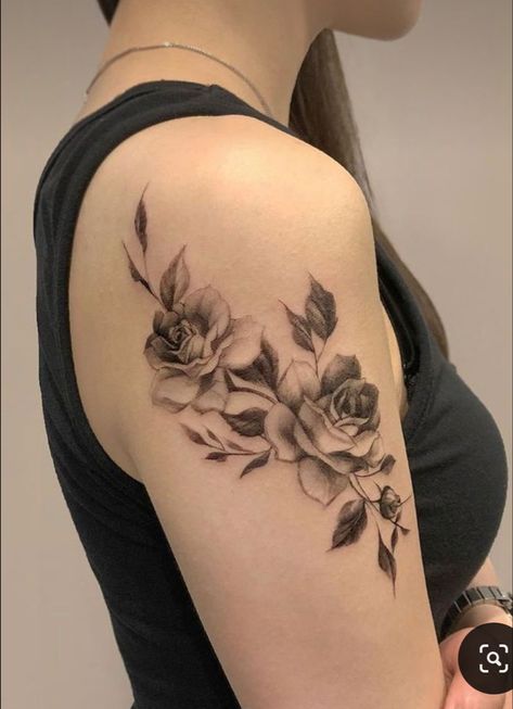 Rose And Flower Tattoos, Rose Shoulder Tattoos For Women Black, Women’s Rose Tattoo, 4 Roses Tattoo, Shoulder Rose Tattoos For Women, Rose Tatooes, Rose Shoulder Tattoos For Women Unique, Blacked Out Rose Tattoo, Arm Rose Tattoos For Women