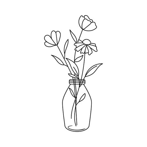 Embroidery Sketches Design Drawings, Flowers In A Vase Tattoo, Vase Line Drawing, Flower Vase Illustration, Annotation Ideas, Dog Portrait Drawing, Bottle Vector, Labyrinth Design, Line Art Flowers