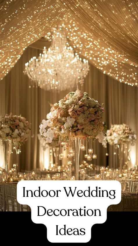 Elegant indoor wedding decorations with enchanting lighting and stunning centerpieces, perfect for creating a magical and unforgettable venue. Wedding Decor Indoor Receptions, Wedding Indoor Decoration Elegant, Wedding Reception Lighting Indoor, Romantic Wedding Decorations, Indoor Wedding Theme, Wedding Themes Indoor, Indoor Reception Decorations, Wedding Reception Ideas Indoor Elegant, Wedding Decorations Indoor