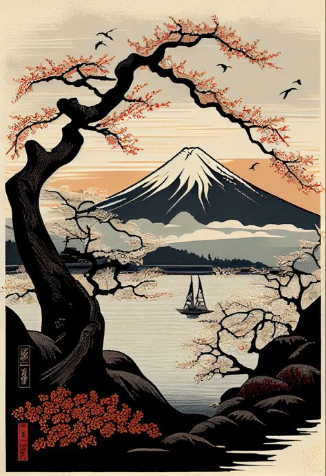 Katsushika Hokusai Wallpaper, Traditional Japanese Art Landscapes, Japanese Woodblock Tattoo, Japanese Mountain Painting, Japanese Mountains Art, Fuji Mountain Wallpapers, Mount Fuji Art, Japanese Castle Tattoo, Japanese Art Wallpaper Desktop