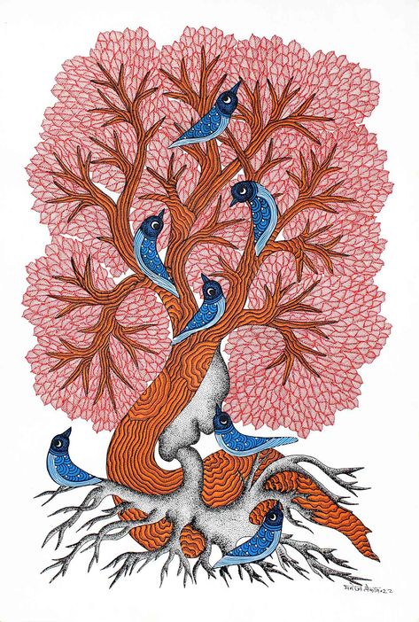 Gond Art Tree Of Life, Gond Motifs, Gond Art Motifs, Gond Painting Folk Art, Pithora Painting, Gonda Art, Cheriyal Paintings, Purvi Doshi, Realistic Hair Drawing