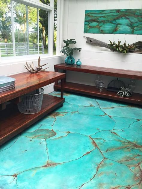 turquoise gem look on floor with metal effects patinas, diy, flooring, painting Beach Basement, Stenciled Floors, Decorative Concrete Floors, Pub Ideas, Patio Floor, Floor Makeover, Decoration Beton, Painted Concrete Floors, Patina Paint