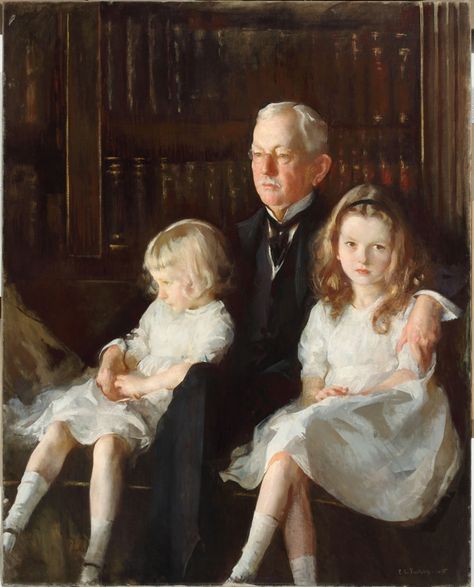 "Portrait of Father and Children (John J. Albright)," Edmund Tarbell, 1915-1916, oil on canvas, 54 x 44", The Westmoreland Museum of American Art. Charity Burbage, Greensburg Pennsylvania, Sara Tancredi, Sculpture Furniture, Piskel Art, Human Poses Reference, Classic Paintings, Arte Inspo, Victorian Art