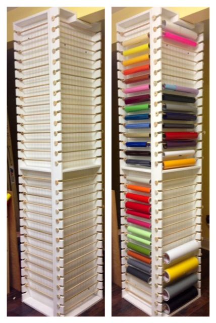 Rolled vinyl storage for the craft room. 1" x 4" frame backed with bead board, 7/16" dowel rods for hangers.  Holds 60 rolls of vinyl. Cricut Storage, Dream Craft Room, Craft Room Design, Ideas Craft, Scrapbook Room, Diy Craft Room, Vinyl Storage, Diy Vinyl, Office Crafts