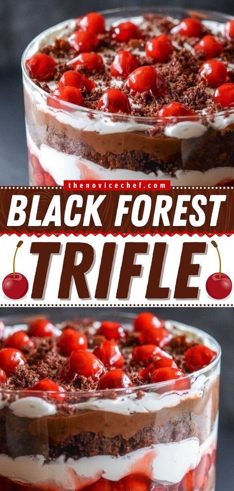 Black Forest Trifle, chocolate, sweet treats Essen, Cherry Trifle Recipes, Forest Desserts, Triffle Recipe, Fruit Trifle Recipes, Chocolate Trifle Desserts, Black Forest Trifle, Trifle Bowl Recipes, Fruit Trifle