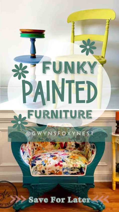 Funky Painted Furniture Painted Wood Chairs Funky, Furniture Painting Ideas Designs, Bohemian Painted Furniture Ideas, Funky Painted Chairs, Funky Painted Furniture Bohemian, Funky Furniture Diy, Whimsical Painted Furniture Ideas, Painted Side Table Ideas, Funky Painted Furniture Ideas