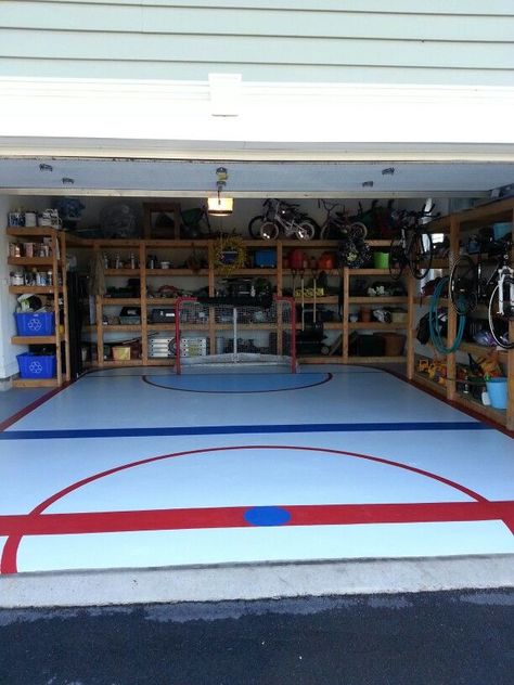 Hockey Rink - Painted Garage Floor Hockey Garage, Hockey Storage, Backyard Hockey Rink, Floor Hockey, Hockey Room Decor, Painted Garage, Hockey Crafts, Hockey Bedroom, Garage Boden