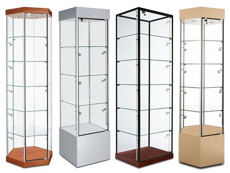 Glass Display Towers Glass Corner Shelves, Glass Curio Cabinets, Glass Display Shelves, Dinning Room Sets, Trade Show Flooring, Cardboard Display Stand, Retail Display Cases, Glass Display Box, Beauty Room Salon