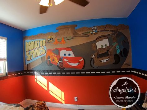 Lightning Mcqueen Room, Disney Cars Room, Cars Mural, Room Murals, Baby Q Shower, Car Room, Radiator Springs, Cars Room