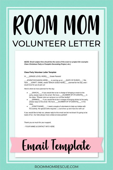 Use this volunteer letter template to get parents involved in classroom parties & projects. Get volunteers for the Christmas or Halloween party, and recruit parents to help out during Teacher Appreciation week! Learn more at roommomrescue.com Parent Teacher Fellowship, Room Mom Letter, Mom Letters, Parents Letters, Introduction Letter, Pta School, Parent Volunteers, Letter To Teacher, Parents Room