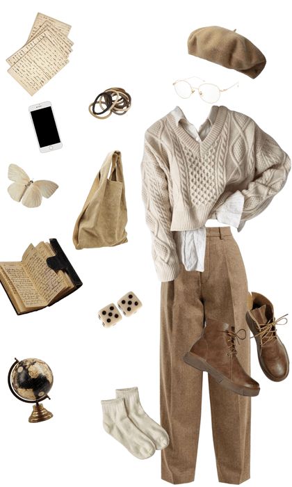 Aesthetic Khaki Pants Outfit, Light Academia Fall Outfits, Vintage Academia Outfit, Light Academia Autumn Outfit, Female Light Academia Outfit, Suncore Outfits, Light Academia Accessories, How To Dress Light Academia, Simple Light Academia Outfits