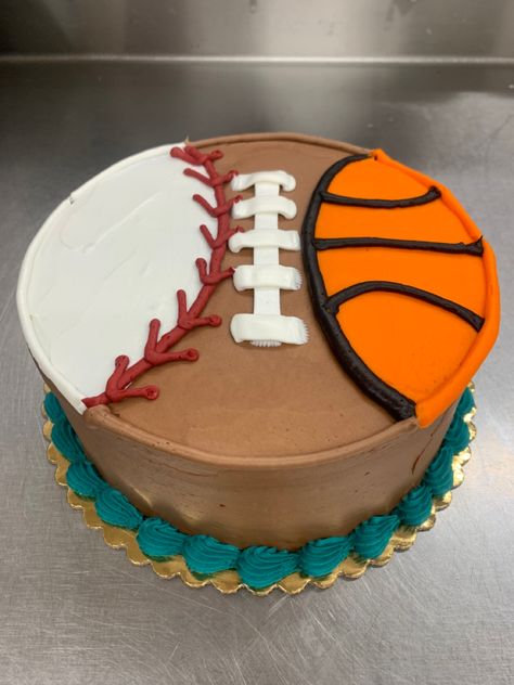 Football Baseball Basketball Cake, Cubs Birthday Cake, Sport Themed Cake, Sports Cupcake Cake, Sports Sheet Cake, Sports Birthday Cakes For Boys, Sport Theme Cake, Football Cookie Cake Designs, Baseball Cakes For Boys