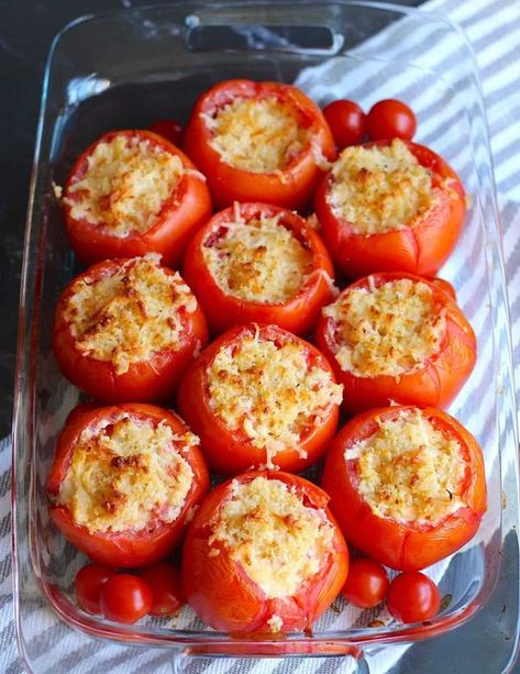 "Not only were these absolutely... - Fly the American Flag Cheese Stuffed Tomatoes, Vegetable Casseroles, Tomato Appetizers, Tomatoes Recipes, Vegetable Casserole Recipes, Parmesan Bread, Tomato Dishes, Stuffed Tomatoes, Bread Dishes