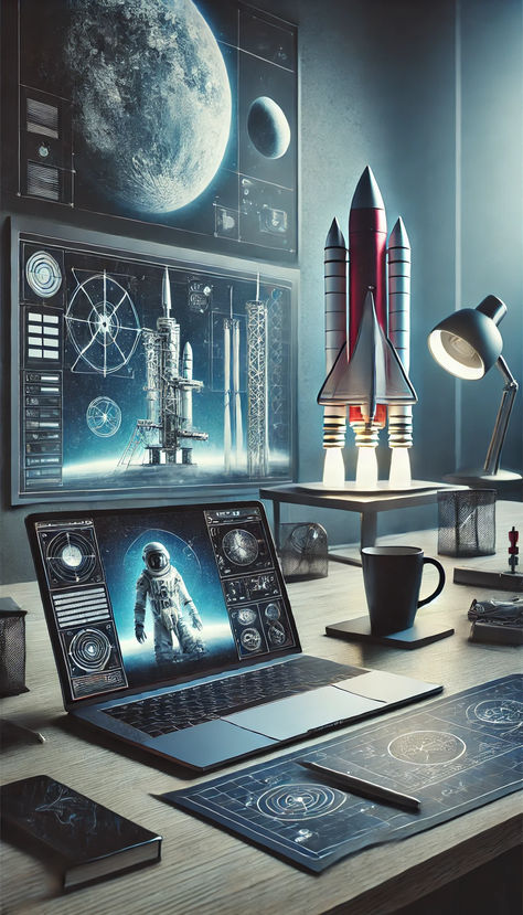 Set up for the Scientist! #engineer #student #study #desksetup #futuristic #goals The Scientist, Futuristic Technology, Desk Setup, Rocket, Vision Board, Engineering, Desk, Technology