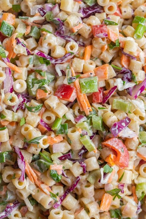 This Macaroni Coleslaw Salad is the perfect mix between macaroni salad and coleslaw! It's a great side dish for parties, potlucks and BBQs. This macaroni coleslaw salad is easy to make, packed with tons of vegetables and dressed with a creamy mayo based dressing. #macaronisalad #coleslaw #potluckrecipe #vegetariansidedish Orzo Coleslaw Salad, Coleslaw Macaroni Salad, Macaroni Coleslaw Salad, Coleslaw Pasta Salad, Macaroni Coleslaw, Fruit Salsa Recipe, Party Side Dishes, Bbq Baked Beans, Coleslaw Salad