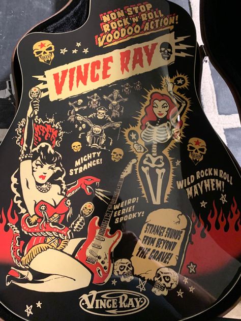 Fender Vince Ray Voodoo Rock & Roll Bucket 300CE Rock And Roll Illustration, Zombie Rockabilly, Acoustic Guitar Pictures, Rockabilly Artwork, Rockabilly Guitar, Rockabilly Bands, Comic Book Tattoo, Rockabilly Art, Dark Comics