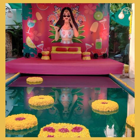 Pool Side Mehendi Decor, Poolside Mehendi Decor, Pool Haldi Decor, Poolside Mehndi, Pool Side Haldi Decor, Sabyasachi Decor, Mehandi Decoration Ideas, Mehndi Function Decoration, Mehndi Backdrop