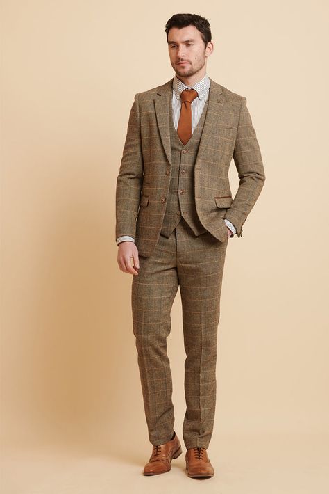 TED - Tan Tweed Check Three Piece Suit Brown Tweed Suits For Men Wedding, Tweed Suit Men, Walima Outfit, Summer Wedding Men, English Suit, Mens Tweed Suit, Suit For Men Wedding, Tan Brogues, Brown Tweed Suit