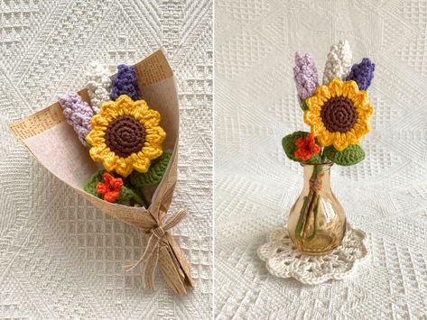 Crochet Small Flower Bouquet, Mini Flower Bouquet Crochet, Mini Crochet Flower Bouquet, Mini Bouquet Crochet, Mini Crochet Bouquet, Crochet Mini Bouquet, Sunflower Crochet Bouquet, Blue Star Flower, Crochet Bouquets