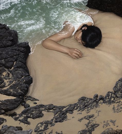 Surreal Landscape Paintings Shows People Literally Immersed In Nature -----------Drawing inspiration from Miyazaki’s “Spirited Away” and Scandinavian landscapes, Berlin-based artist Moki camouflages human figures in the vast landscapes of her paintings.  Moki was born 1982 in Brilon, Germany Hayao Miyazaki, Salvador Dali, Surrealist Collage, Art Visionnaire, Dante Gabriel Rossetti, Surrealism Painting, Collage Artists, Visionary Art, Japanese Artists