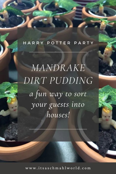 Harry Potter Party: Mandrake Dirt Pudding Sorting Ceremony – It's a Schmahl World Harry Potter Sorting Ceremony Ideas, Hogwarts Sorting Ceremony, Sorting Ceremony Harry Potter, Tiny Plastic Babies, Sorting Ceremony, Dirt Pudding Cups, Harry Potter Party Games, Neon Food Coloring, Dirt Pudding