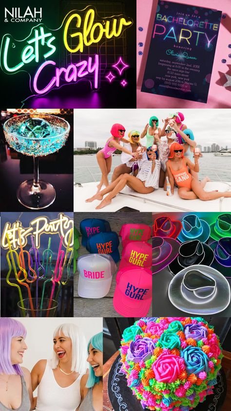 Bachelorette Party Themes Nights, Electric Love Bachelorette Theme, Electric Love Bachelorette Party, Tacky Bachelorette Party, Rave Theme Bachelorette Party, Neon Bachelorette Theme, Neon Themed Bachelorette Party, Pool Party Bachelorette Theme, Neon Nights Bachelorette