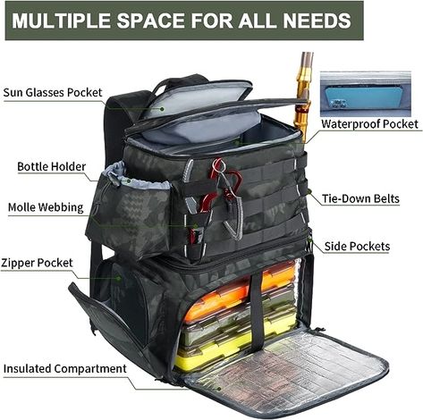 MATEIN fishing backpack comes with a cooler compartment for storing your bait, drinks and food. This tackle backpack provides you with maximum comfort and convenience while providing adequate storage space for everything you'll ever need for a fishing trip Fishing Gear Organization, Box Backpack, Baseball Backpack, Fishing Storage, Fishing Tackle Storage, Fishing Bag, Fishing Backpack, Rod Holders, Box Water