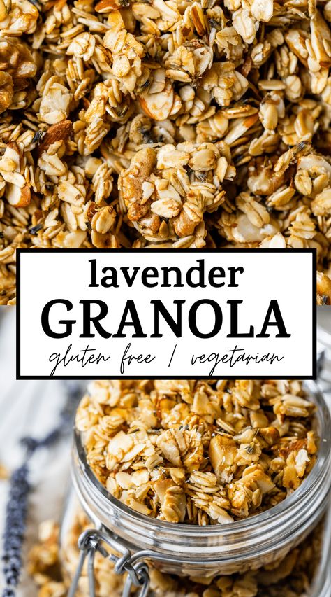 Easy homemade LAVENDER GRANOLA that's ready in under 30 minutes! Made in the stove, clumps up well and is lightly sweetened with honey #granola #lavender Granola Gift, Summer Granola, Sweets Healthy, Culinary Lavender, Loaded Sweet Potato, Green Goddess Dressing, Gluten Free Granola, Elegant Desserts, Army Life