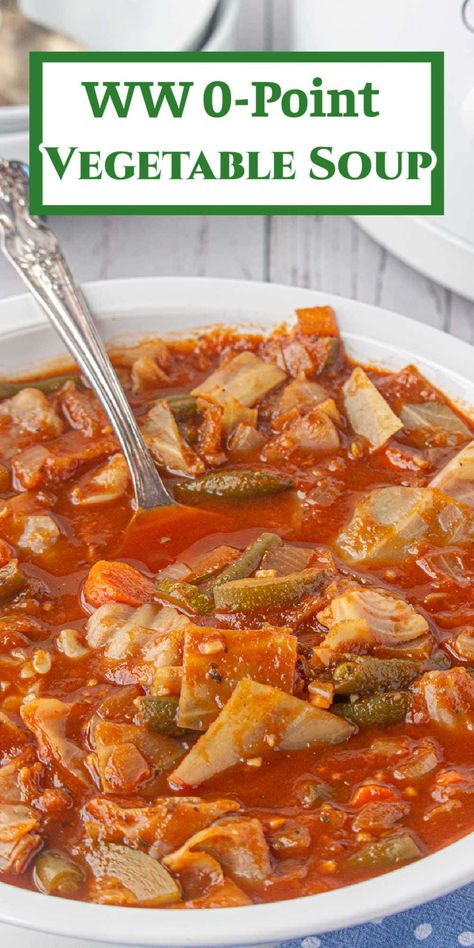 The old 0-point Weight Watchers Cabbage Soup recipe is made with V-8 and has just 46 calories per serving! It's easy to make in the slow cooker and is packed with flavor for a guilt-free, satisfying meal. Weight Watchers Vegetable Soup, Weight Watchers Cabbage Soup Recipe, Weight Watchers Cabbage Soup, Weight Watcher Vegetable Soup, Cabbage Soup Diet Recipe, Cabbage Soup Recipe, Restless Chipotle, Diet Soup Recipes, Vegetable Soup Healthy