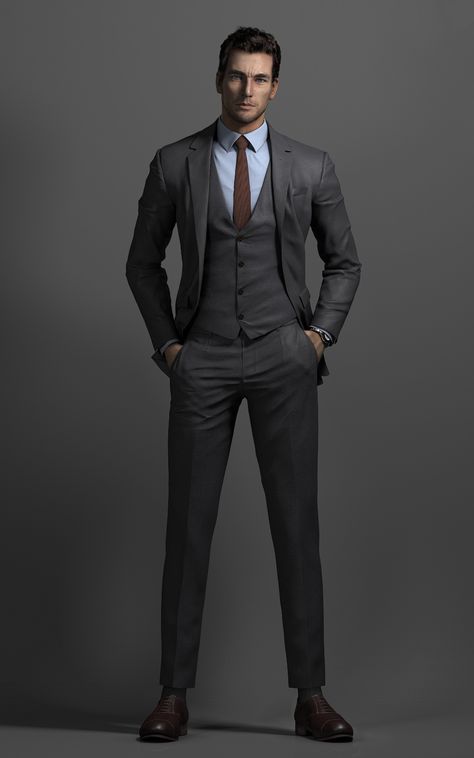 Suited Men, Blue Three Piece Suit, Man Pose, Men Poses, Bond Style, Ace Combat, Grey Suit Men, Male Faces, Stylish Mens Suits