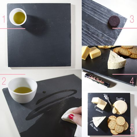 What’s better than cheese and crackers? A good excuse to eat them. And that, my friends, is exactly what this super cute slate cheeseboard will give you– All for under $5.  1 | Slate tile (you can get free samples at tile & flooring stores) 2 | Felt Circles 3 | Olive oil 4 | Chalk marker / chalk (optional)   1 | Scrub (thoroughly) and rinse your slate piece,  Read More Munchie Snacks, Cheese Names, Cheese Board Diy, Diy Chalkboard Paint, Creative Office Design, Cheeseboard Gift, Slate Cheese Board, Diy Cheese, Cheese Tray