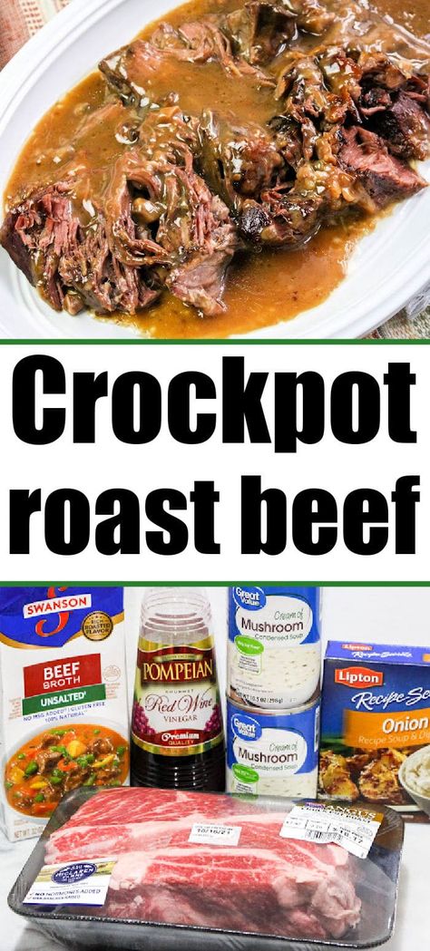 Slow cooker roast beef and gravy recipe that is fork tender and full of flavor. Use chuck roast for a cheap Crockpot dinner everyone loves. #roastbeef #crockpotroast #roastbeefandgravy Crockpot Beef Roast Recipes, Best Slow Cooker Roast, Best Crockpot Roast, Slow Cooker Round Roast, Easy Crockpot Roast, Crockpot Roast Beef, Roast Beef And Gravy, Dinners Crockpot, Chuck Roast Crock Pot Recipes