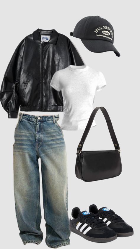 Outfit Inspo Model Off Duty, Leather Jacket Black Outfit, Fall Jackets Aesthetic, Mid Summer Outfits, Black Parachute Pants Outfit Aesthetic, Ahs Winter Outfits, Nyc Concert Outfit, Outfits With Shirts Women, Black Jeans Outfit Fall Casual