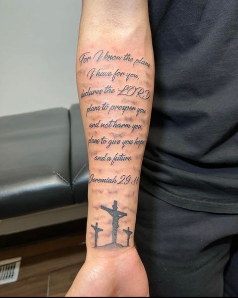 Tattoos About Time For Men, Jeremiah Tattoo Ideas, Jerimiah 29:11-12 Tattoo, Forearm Scripture Tattoo Men, The Road Less Traveled Tattoo, Men God Tattoos, James 1:12 Tattoo, Jermiah29:11 Tattoo, Bible Verse Sleeve Tattoo