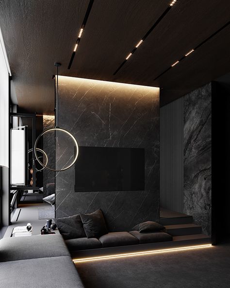 Grey Apartment, Modern Spanish Home, Apartment Behance, Black Apartment, Dark Interior Design, Houses Luxury, Black Interior Design, Modern Luxury Bedroom, Luxury Bedroom Master