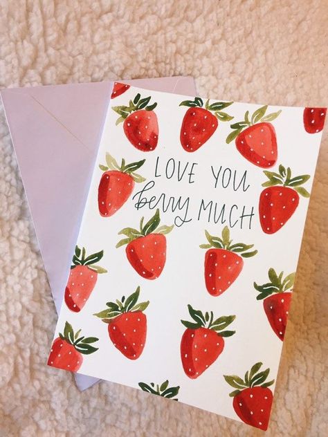 Berry Bouquet Greeting Card Present Card Design, Strawberry Cards Handmade, Valentine Watercolor Cards Watercolour, Watercolor Greeting Cards Handmade, Cute Watercolor Cards, Homemade Watercolor Cards, Watercolor Birthday Card Diy, Watercolour Cards Ideas, Unique Cards Handmade