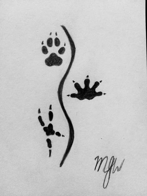 Animal track drawing combining prints from a snake, owl, opossum, and dog or wolf. Idea for sticker or tattoo. Perfect for animal lovers, zookeepers, or wildlife rehabbers. Zookeeper Tattoo Ideas, Simple Wildlife Tattoo, Animal Track Tattoos, Animal Tracks Tattoo, Zoo Tattoo Ideas, Zookeeper Tattoo, Animal Lover Tattoo Ideas, Animal Line Tattoo, Wildlife Tattoo Women