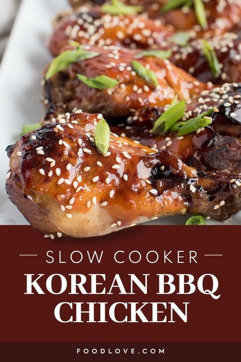 Slow cooker Korean BBQ chicken is sweet, spicy, and oh so easy! Korean spicy chicken is slow cooked to tender perfection, then slathered with homemade Korean BBQ sauce. Korean Bbq Crockpot Recipes, Korean Chicken Recipe Slow Cooker, Korean Chicken Leg Recipes, Slow Cooker Korean Bbq Chicken, Korean Bbq Chicken Crockpot, Slow Cooker Korean Chicken, Korean Slow Cooker Recipes, Slow Cooker Drumstick Recipes, Chicken Legs Slow Cooker