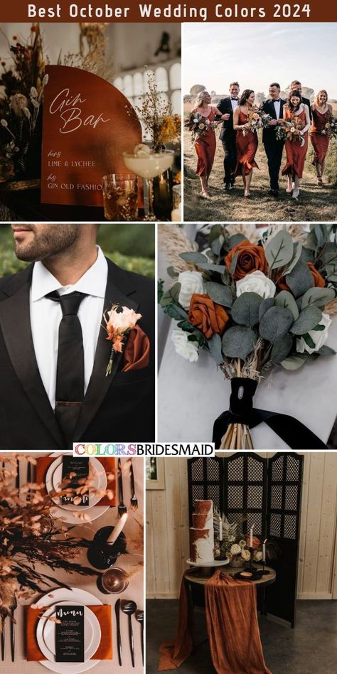 Copper Wedding Theme, October Wedding Colors, Top Wedding Colors, Orange Wedding Themes, Orange Wedding Colors, Rust Bridesmaid Dress, Fall Wedding Color Schemes, Groom And Groomsmen Suits, Rusting Wedding