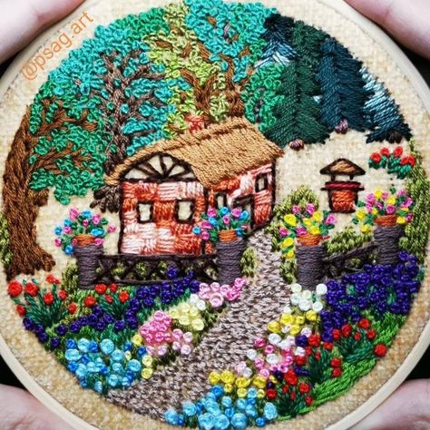 Woods Embroidery, Embroidery Knot, Loop Embroidery, Cabin In Woods, Branding Checklist, Letter Vintage, Embroidery Pictures, Landscape Embroidery, Embroidery Punch Needle