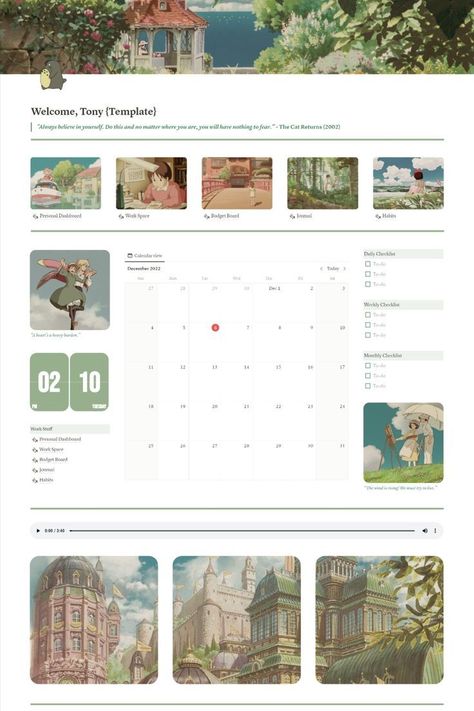 Notion Studio Ghibli Template, Notion Template Ideas Studio Ghibli, Aesthetic Notion Pages, Notion Pictures Aesthetic, Ghibli Template, Notion Dashboard Ideas Aesthetic, Studio Ghibli Notion, Notion Blog, Ghibli Notion