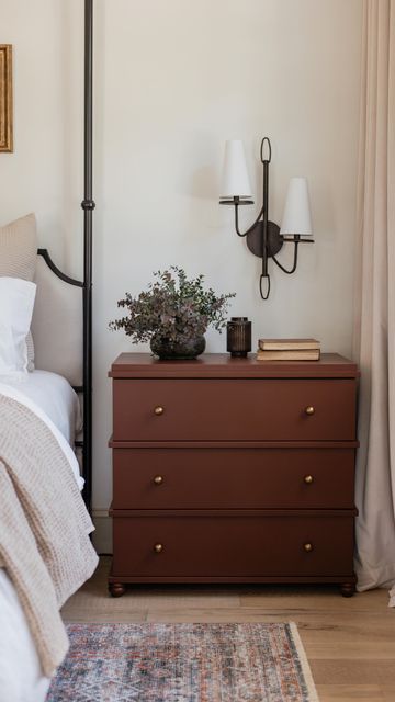 Jenna Sue • Design + DIY on Instagram: "The ultimate Ikea Malm hack 😍  We transformed this basic Ikea chest into a designer-inspired nightstand for a fraction of the cost! All it took was some wood trim, furniture feet and paint. The rich burgundy brown color really takes it to the next level 🤌🏼  I shared all the details yesterday’s blog tutorial—comment LINK and I’ll dm you the info! 👇🏼" Small Narrow Bedroom, Ikea Dresser Hacks, Malm Nightstand, Serene Bedroom Ideas, Wall Decor Bedroom Aesthetic, Nightstand Hack, Ikea Malm Nightstand, Primary Bedroom Decor, Bedroom Art Deco